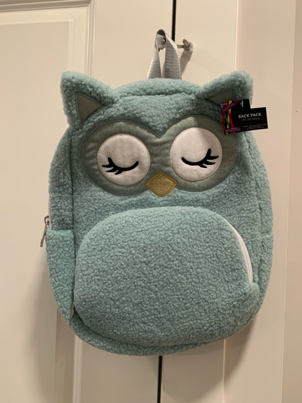 Kids Mint Sherpa Owl Backpack with Sleepy Face